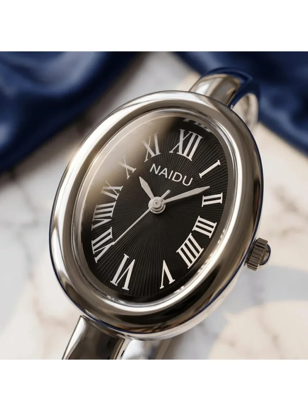 Women's Silver/Black Elegant Open-Cuff Bracelet Roman Numeral Dial Wrist Watches